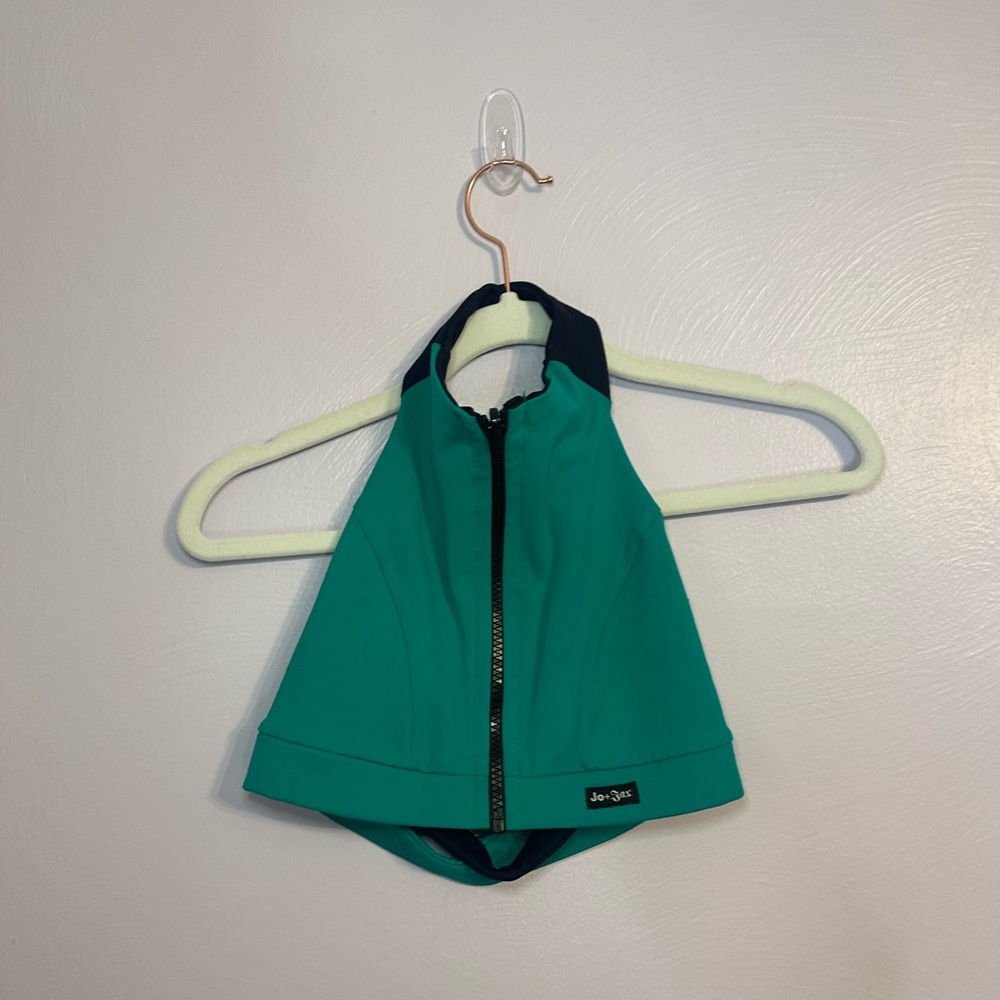 Jo + Jax Green Teal and Black Zip-Up Halter Crop Bra Top Size Small